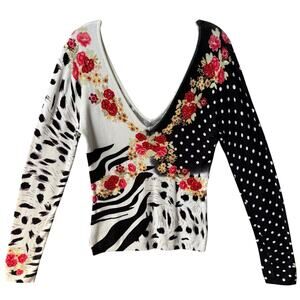 Faust Pullover Deep V-Neck Beaded Embellished Sweater Women M Black White Red